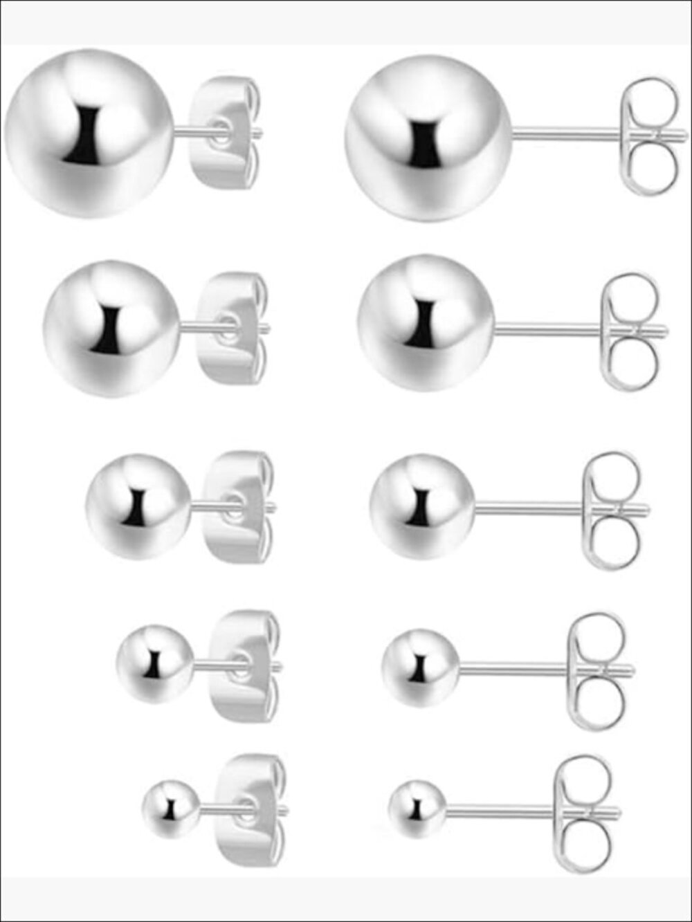 Sterling Silver Round Ball Stud Earrings 5 Pairs 2mm-6mm